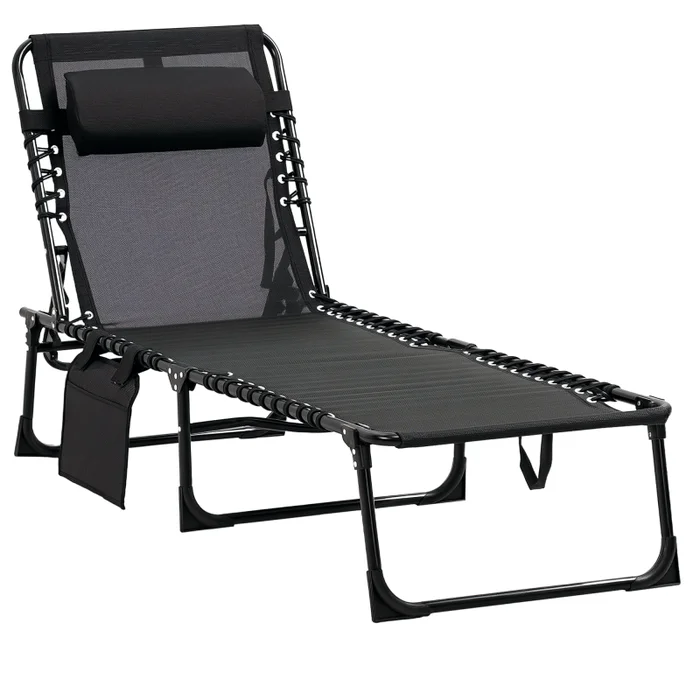 Outsunny Portable Sun Lounger, Folding Camping Bed Cot, Reclining Lounge Chair 5-position Adjustable Backrest with Side Pocket, Pillow for Patio Garden Beach Pool, Black