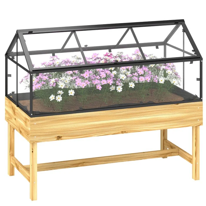 Outsunny Raised Garden Bed with Cold Frame Greenhouse, Elevated Wood Planter Box with Polycarbonate Panel and Top Vent for Vegetables, Flowers, Herbs, 120 x 60 x 103cm, Natural