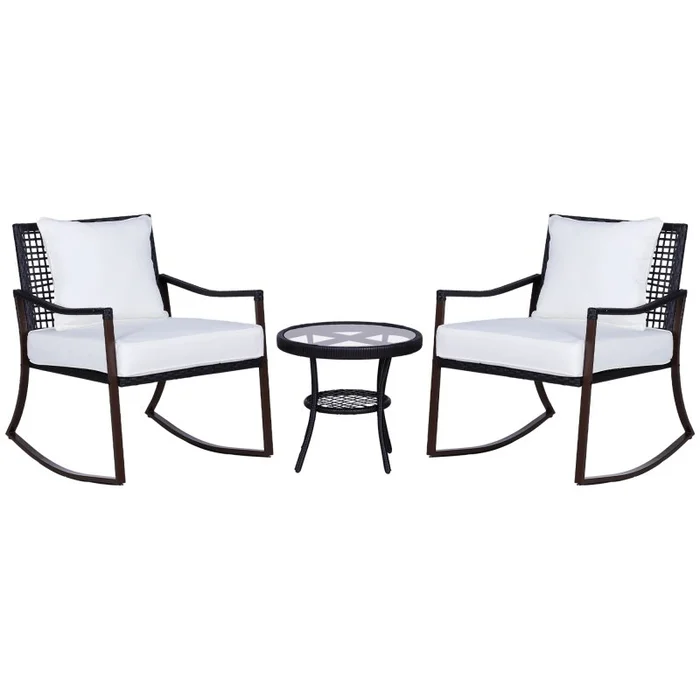 Outsunny Rattan Bistro Set, 3 Pieces Wicker Garden Furniture Set with Rocking Chairs and Round Glass Top Coffee Table, Small Balcony Furniture with Cushions for Outdoor, Porch, Brown
