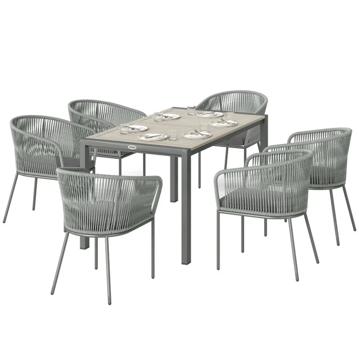 Outsunny Rattan Dining Set, 6 Seater Rattan Garden Furniture Set with Acacia Wood Top Rectangle Table, 6 Chairs, Washable Seat Cushions, for Outdoor, Patio, Conservatory, Grey