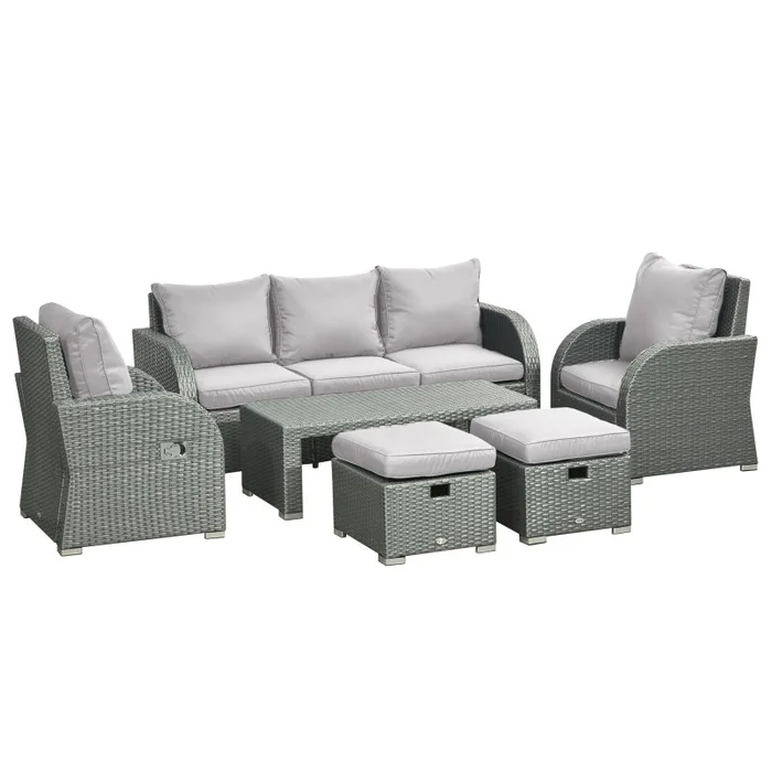 Outsunny Rattan Garden Furniture 7 Seater Sofa & Coffee Table Footstool Set Outdoor Patio Wicker Weave Reclining Chair Space-saving – Light Grey