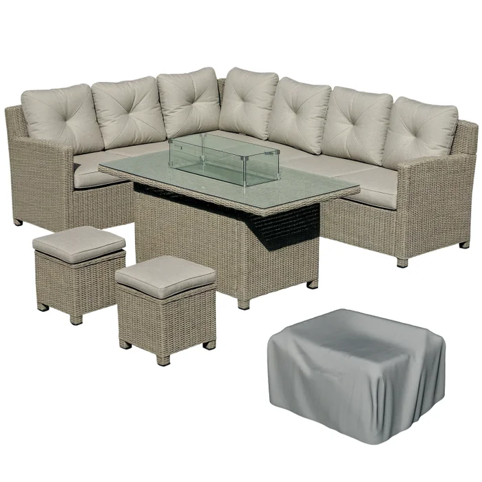 Outsunny Rattan Garden Furniture with Fire Pit and Waterproof Cover, 8 Seater Garden Corner Sofa Set with 11.8 KW Fire Pit Table, Ottomans and Olefin Cushions, Outdoor Conservatory Furniture, Grey