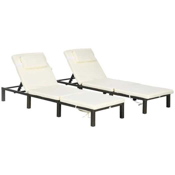 Outsunny Rattan Sun Lounger Set of 2, 5-Level Adjustable Garden Lounger Recliner with Cushion and Headrest, Outdoor Reclining Sunbed, Steel Frame Garden Chair for Patio, Beach, Terrace, Cream White