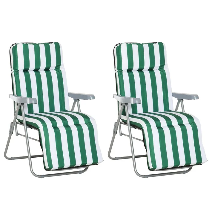 Outsunny Reclining Garden Chair Set of 2, 5-Level Adjustable Zero Gravity Chairs with Cushions, Folding Sun Lounger Garden Recliner Chairs with Armrests for Outdoor, Patio, Green Stripe