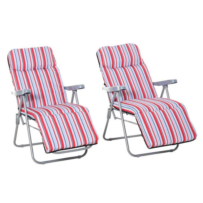 Outsunny Reclining Garden Chair Set of 2, 5-Level Adjustable Zero Gravity Chairs with Cushions, Folding Sun Lounger Garden Recliner Chairs with Armrests for Outdoor, Patio, Red Stripe