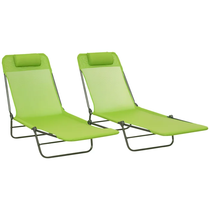 Outsunny Set of 2 Outdoor Foldable Sun Loungers, Adjustable Backrest Garden Recliner Sun Lounger Chair with Headrest Pillow, Green