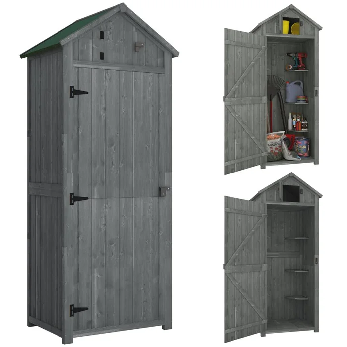 Outsunny Wooden Garden Shed, Utility Outdoor Small Shed with Lockable Double Doors, Shelves and Roof Hatch, Grey