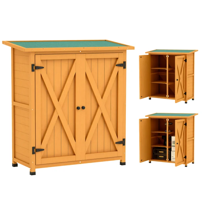Outsunny Wooden Garden Storage Shed, Tool Cabinet Organiser with Shelves and Double Door, 110 x 55 x117cm, Yellow