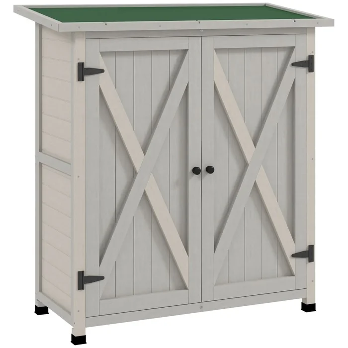 Outsunny Wooden Garden Storage Shed, Tool Cabinet Organiser with Shelves and Double Door, 110 x 55 x117cm, Light Grey