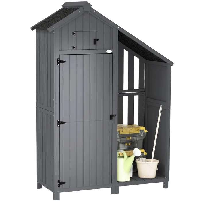 Outsunny Wooden Garden Storage Shed with 3 Shelves, Outdoor Garden Tool Storage Cabinet with Tilt Roof, Firewood Rack Log Carrier, 129 x 51.5 x 180cm, Grey