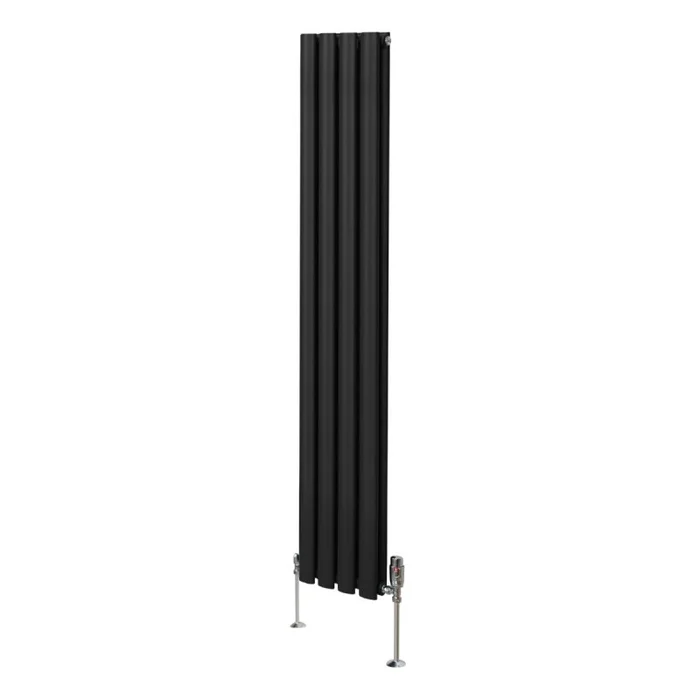 Oval Column Radiator 1600mm x 240mm & TRV Chrome Valves Modern Designer Double Panel Central Heating Heater Black Steel Vertical Kitchen Living Room FREE Cleaning Brush Fixing Kit & Brackets
