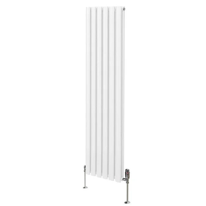 Oval Column Radiator 1600mm x 360mm & TRV Chrome Valves Modern Designer Double Panel Central Heating Heater White Steel Vertical Kitchen Living Room FREE Cleaning Brush Fixing Kit & Brackets