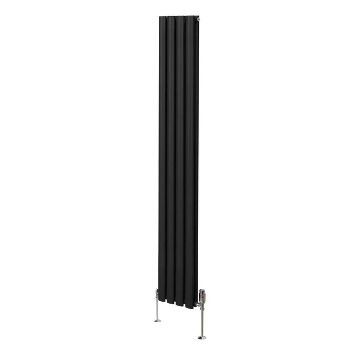 Oval Column Radiator 1800mm x 240mm & TRV Chrome Valves Modern Designer Double Panel Central Heating Heater Black Steel Vertical Kitchen Living Room FREE Cleaning Brush Fixing Kit & Brackets