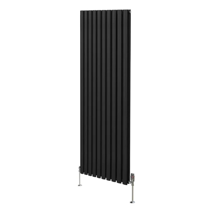 Oval Column Radiator 1800mm x 600mm & TRV Chrome Valves Modern Designer Double Panel Central Heating Heater Black Steel Vertical Kitchen Living Room FREE Cleaning Brush Fixing Kit & Brackets