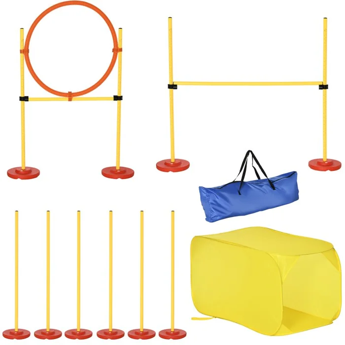 Pawhut Dog Agility Equipment Portable Pet Training Obstacle Set for Dogs 5 Pieces w/ Adjustable High Jumping Pole, Jumping Ring, Weave Poles, Tunnel