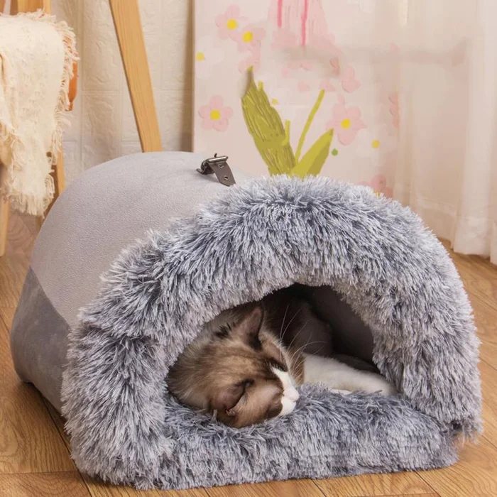 Pet House Bed Splicing Handle Design Warm Plush Cat Dog House, Size: L(Gray)