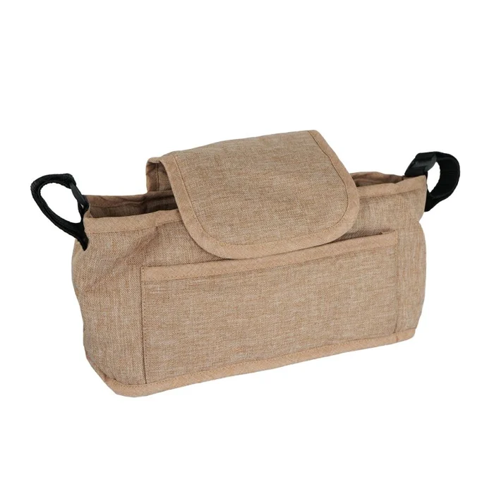 Pet Stroller Caddy Organiser Woven Beige Pushchair Pram Travel Accessory Bag Detachable Hook & Loop Straps Elastic Cup Pouch Front Pocket Large Capacity Multifunctional Linen Fabric