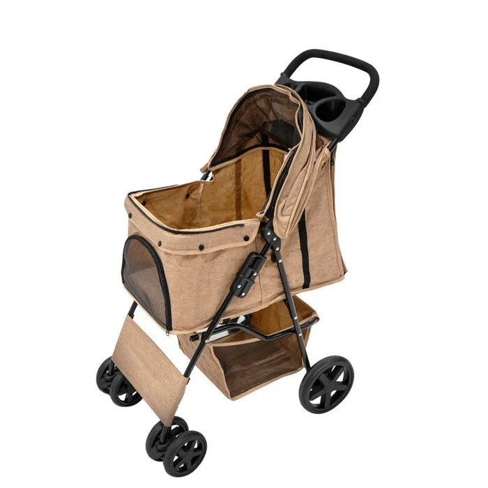Pet Stroller Pushchair Woven Beige Carrier Foldable Trolley Travel Cart 15kg Capacity 4 Wheels Brakes Cat Dog Safety Hook Leash Cushion Canopy Mesh Windows Basket Cup Holders & Waterproof Rain Cover