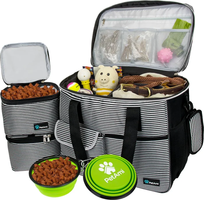 PetAmi Cat & Dog Travel Bag | Food Container Bag and Collapsible Bowl (Stripe Black, Large)
