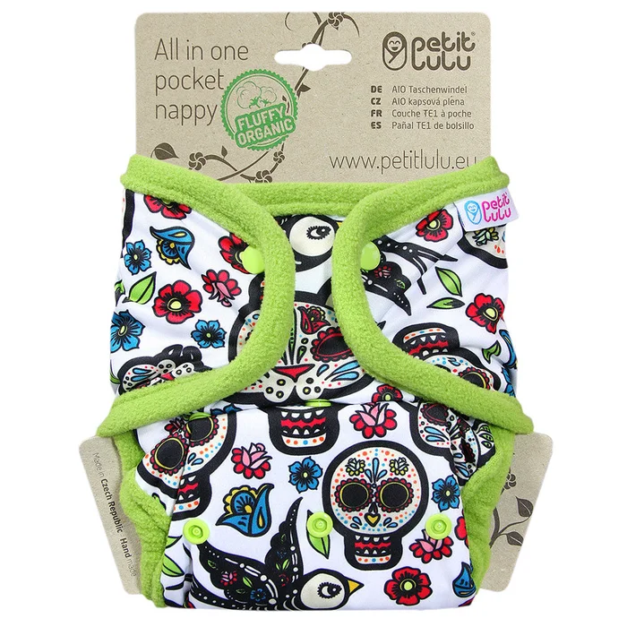 Petit Lulu AIO Pocket Nappy Snaps – Mexican Skulls (on white)