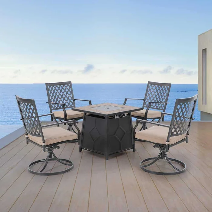 PHI VILLA 5-Piece TerrFab Material Patio Fire Pit Set, 4 Metal Back Swivel Rockers with Beige Cushion