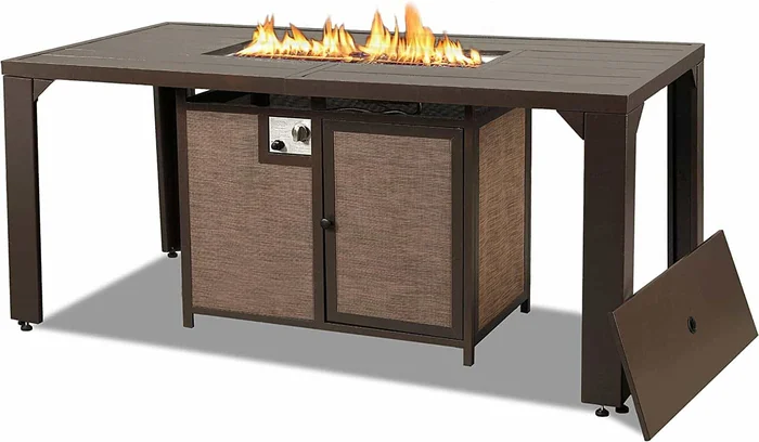 PIZZELLO Fire Pit Table 62.5″ Propane Outdoor Patio Dining Table Rectangular with Fire Glass Bead, Brown