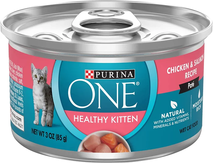 Purina ONE Grain Free, Natural Pate Wet Kitten Food, Healthy Kitten Chicken and Salmon Recipe – (24) 3 oz. Pull-Top Cans