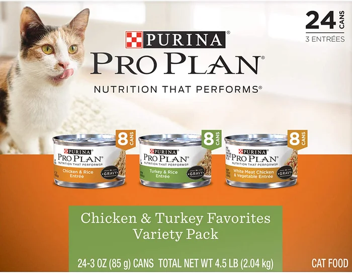 Purina Pro Plan Gravy, High Protein Wet Cat Food Variety Pack, COMPLETE ESSENTIALS Chicken & Turkey Favorites – (24) 3 oz. Cans