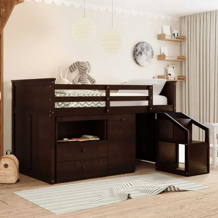 Qualler Espresso Twin Size Loft Bed With Storage Steps and Desk