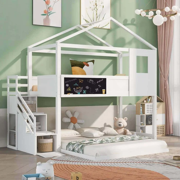 Qualler White Twin Over Full House Bunk Bed With Storage Staircase and Blackboard