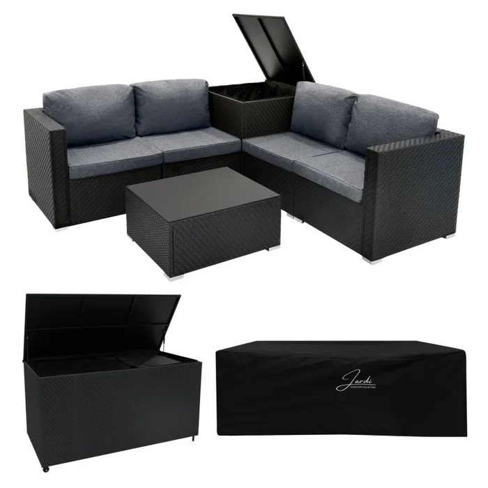 Rattan Modular 6 Piece Furniture Set & 996L Storage Box – Black
