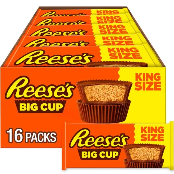 REESE’S Big Cup Milk Chocolate King Size Peanut Butter Cups, Candy Packs, 2.8 oz (16 Count)