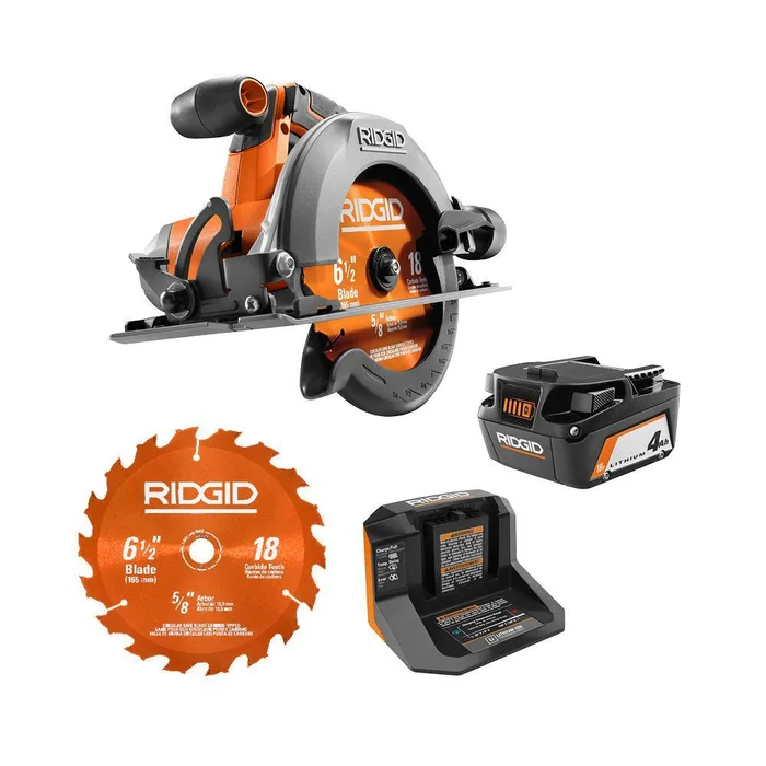 RIDGID R8655KN-AC612N 18V Cordless 6 1/2 in. Circular Saw Kit with (1) 4.0 Ah Battery and Charger with Extra 6-1/2 in. Circular Saw Blade