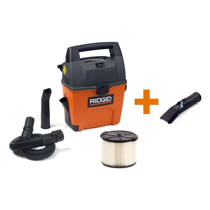 RIDGID WD3050A 3 Gallon 3.5 Peak HP Portable Wet/Dry Shop Vacuum with Built in Dust Pan, Filter, Expandable Hose and LED Car Nozzle