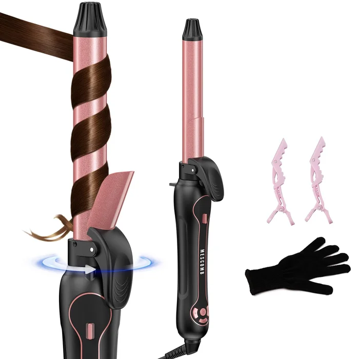 Rotating Curling Iron 1 Inch – Automatic Curling Iron Dual Voltage for All Hair Type, Fast & Effortless Auto Curling Wand (Pink)