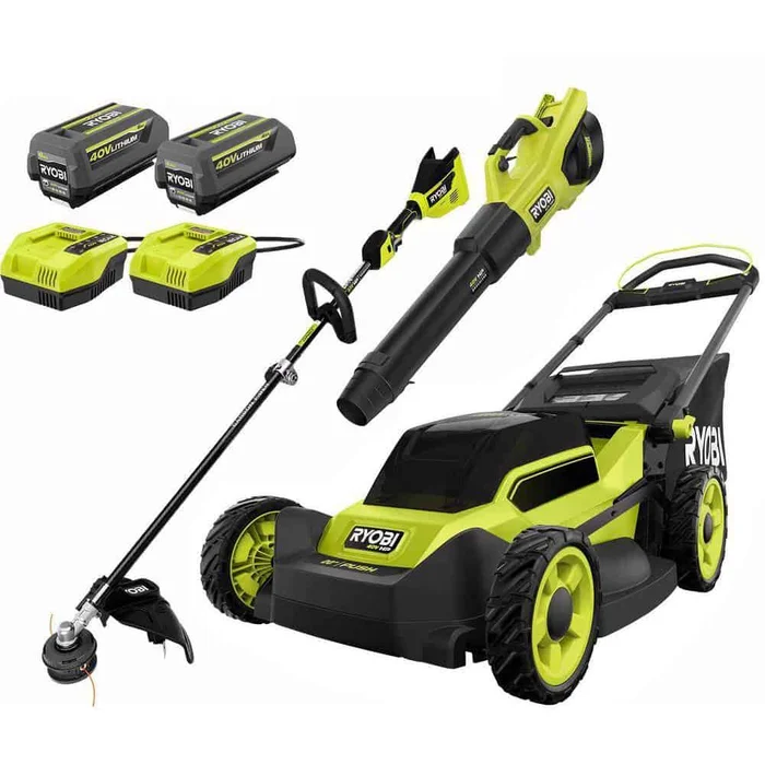 RYOBI 40V HP Brushless 20 in. Cordless Battery Walk Behind Push Mower, String Trimmer, & Blower – Batteries and Chargers