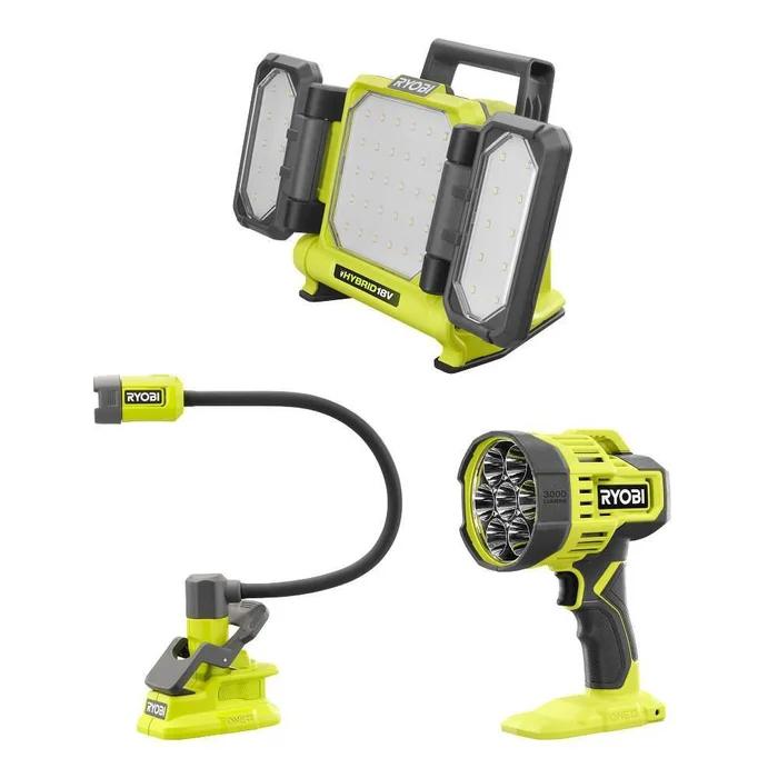 RYOBI ONE+ 18V 3-Tool Lighting Kit with Hybrid Panel Light, Spotlight and Flexible Clamp Light (Tools Only)