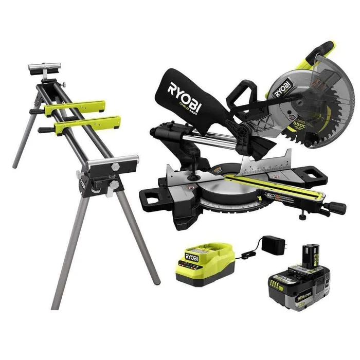 RYOBI ONE+ HP 18V Brushless Cordless 10 in. Sliding Compound Miter Saw Kit with 4.0 Ah Battery, Charger, and Miter Saw Stand