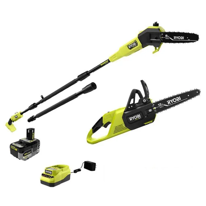 RYOBI P2570-PS ONE+ HP 18V Brushless Whisper Series Battery 12 in. Chainsaw and 8 in. Pole Saw with 6.0 Ah Battery and Charger