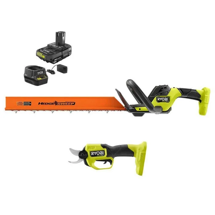 RYOBI P2680-PNR ONE+ HP 18V Brushless 22 in. Cordless Battery Hedge Trimmer & Brushless Cordless Pruner w/ 2.0 Ah Battery & Charger