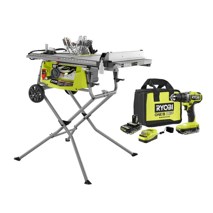 RYOBI RTS23-PBLDD01K 15 Amp 10 in Expanded Capacity Portable Table Saw w/ Rolling Stand & ONE+ 18V Brushless Drill/Driver w/Battery & Charger