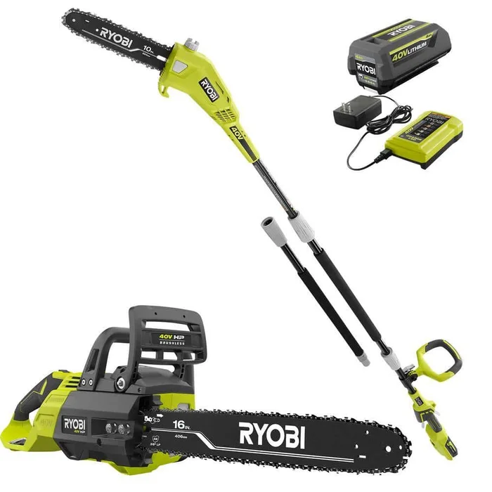 RYOBI RY40550-PS​ 40V HP Brushless 16 in. Battery Chainsaw and 10 in. Battery Pole Saw with 4.0 Ah Battery and Charger