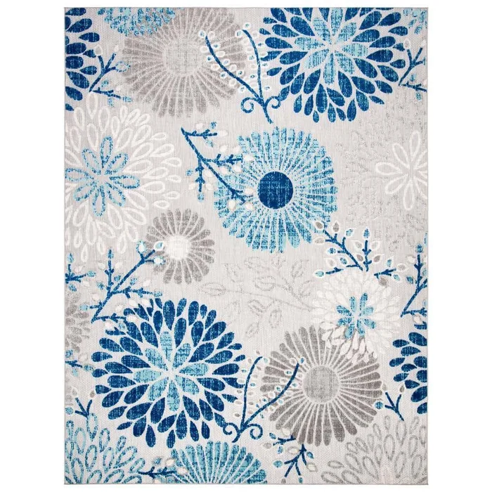 SAFAVIEH Cabana Gray/Blue 9 ft. x 12 ft. Floral Leaf Indoor/Outdoor Patio Area Rug