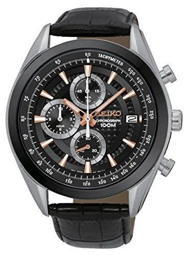 Seiko Chronograph SSB183 Black Dial Black Leather Band Men’s Watch
