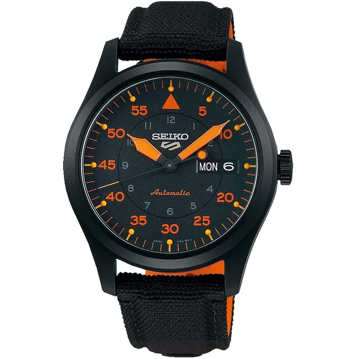 Seiko Men’s Automatic Watch – 5 Sports Power Reserve Black and Orange Strap | SRPH33K1