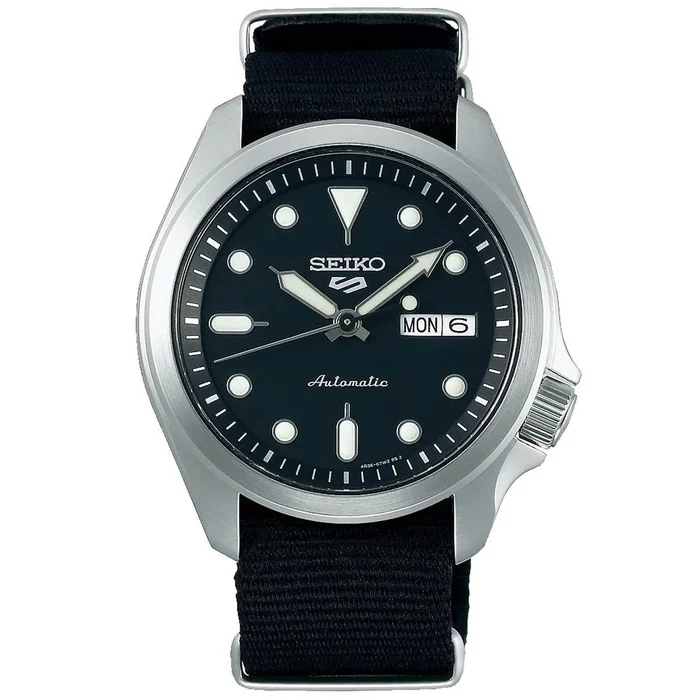 Seiko Men’s Automatic Watch – 5 Sports Power Reserve Black Dial Nylon Strap | SRPE67K1