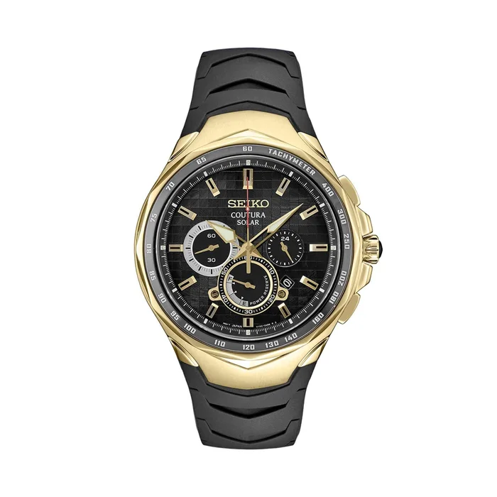 Seiko Men’s Chrono Watch – Coutura Yellow Gold Case Black Dial Rubber Strap | SSC810P9