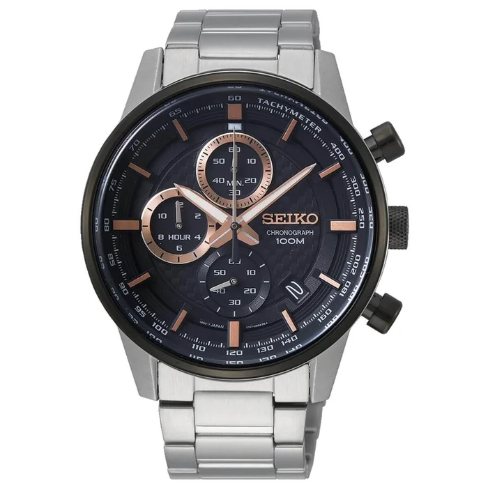 Seiko Men’s Chrono Watch – Discover More Black & Rose Gold Dial Bracelet | SSC495P1