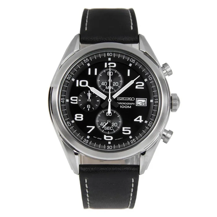 Seiko Men’s Chronograph Watch – Black Dial Black Leather Strap Watch | SSB271P1