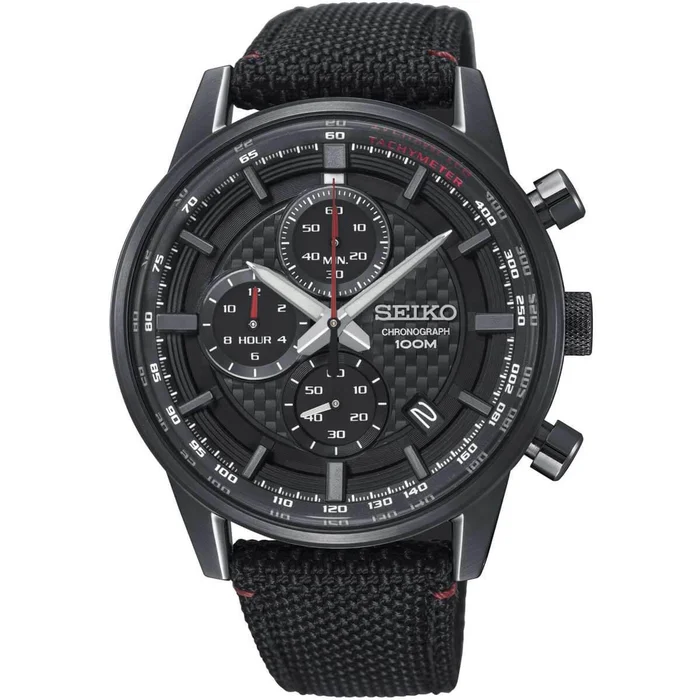 Seiko Men’s Chronograph Watch – Black Dial Black Nylon Strap | SSB315P1